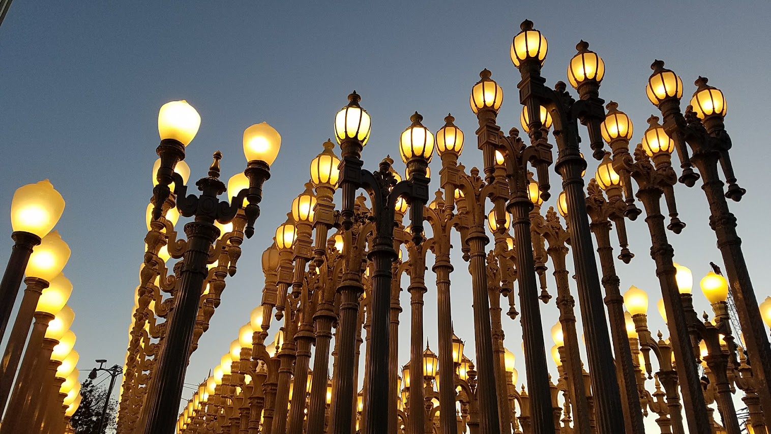 One of the most famous and free (since it is an outdoor sculpture) art you can see in the park at LACMA is the iconic Urban Lights. Created by Chris Burden, it is made of 202 restored street lamps in various styles based on where they were from (most are from southern California and some from Portland Oregon too!). The lamps are painted grey and assembled in a grid, and are solar powered and become lit in the evening.