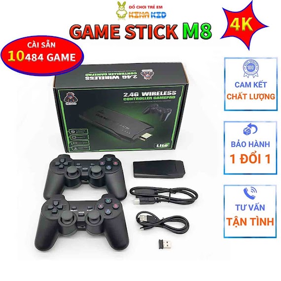 Máy Chơi Game Stick 4K M8, Tay Cầm Không Dây 2.4G, Kết Nối Tivi, Cổng Hdmi, Cài Sẵn 10484 Trò Chơi