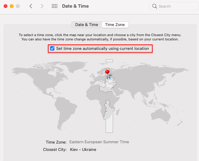 System Preferences  > Date & Time  > Time Zone