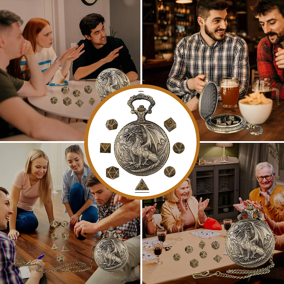 7-Piece Polyhedral Dice Set Metal RPG Accessories Featuring 3D Carved Pterosaur Pocket Watch Dragon and Dungeon. Gaming 