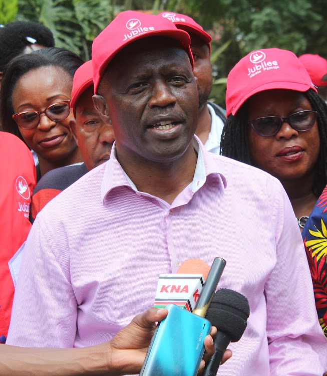 Peter Munyiri during a Nyeri county Jubilee aspirant caucus at Le Prestine Hotel in Nyeri town