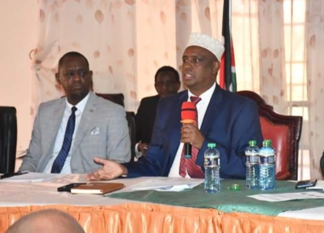 Marsabit Governor Mohamud Ali and his deputy Solomon Gubo at the county steering committee meeting on Friday, October 14, 2022.