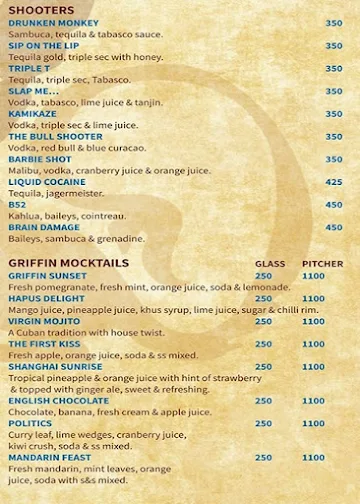 The Boozy Griffin menu 