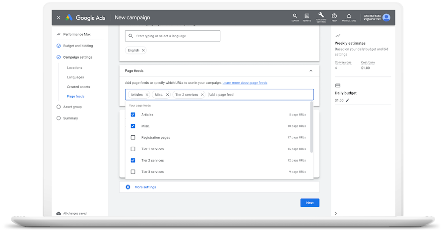 Screenshot of page feeds in the Google Ads UI