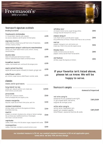 Freemason's Brewworks menu 