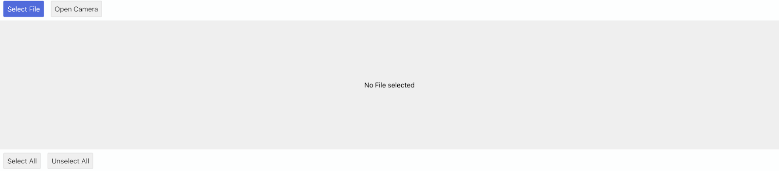 An image of the skfileselector component on a user-facing page which includes Select File and Open Camera buttons on top and Select All, and Unselect All buttons on the bottom of a No File selected box.