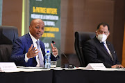 CAF President Dr Patrice Motsepe with SAFA President Danny Jordaan during the CAF President Dr Patrice Motsepe press conference at Sandton Convention Centre on March 16, 2021 in Johannesburg, South Africa. 