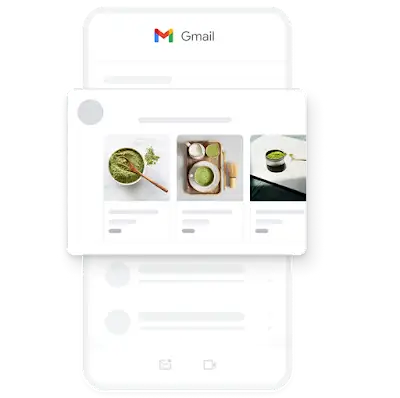 An example of a mobile Demand Gen ad within the Gmail app, featuring several images of organic matcha.