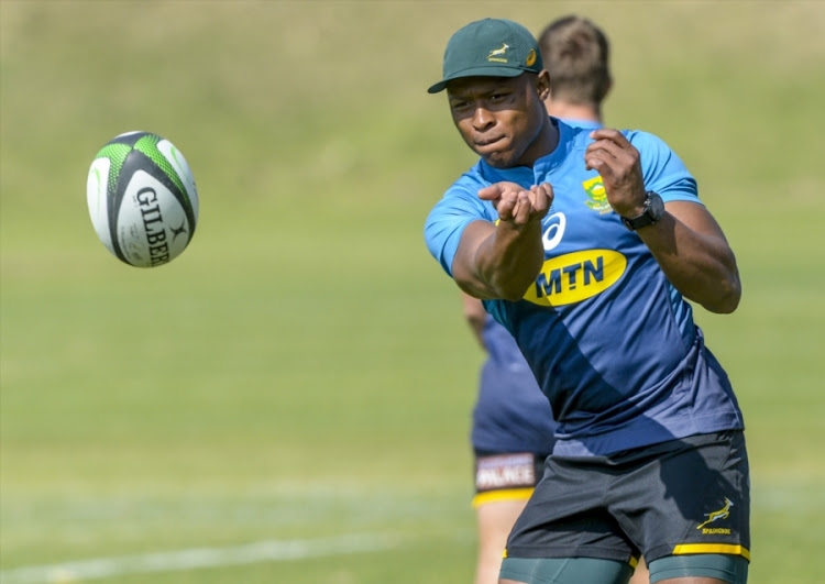 Aphiwe Dyantyi of the Springboks during the Springbok training session at St Stithians College on May 29, 2018 in Johannesburg, South Africa.