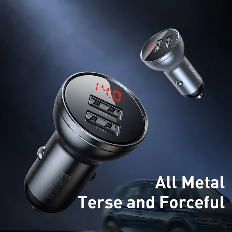 Metalen digitale display dual USB auto-oplader, snel opladen van smartphones en tablets, handig voor onderweg en in de auto.