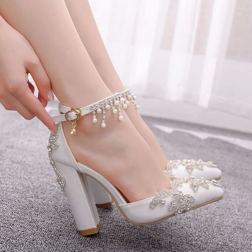 Title 4, White Pointed Crystal Wedding Shoes with Chunky...
