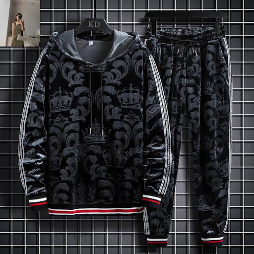 Title 6, Two-piece gold velvet hooded sweater suit. Expe...