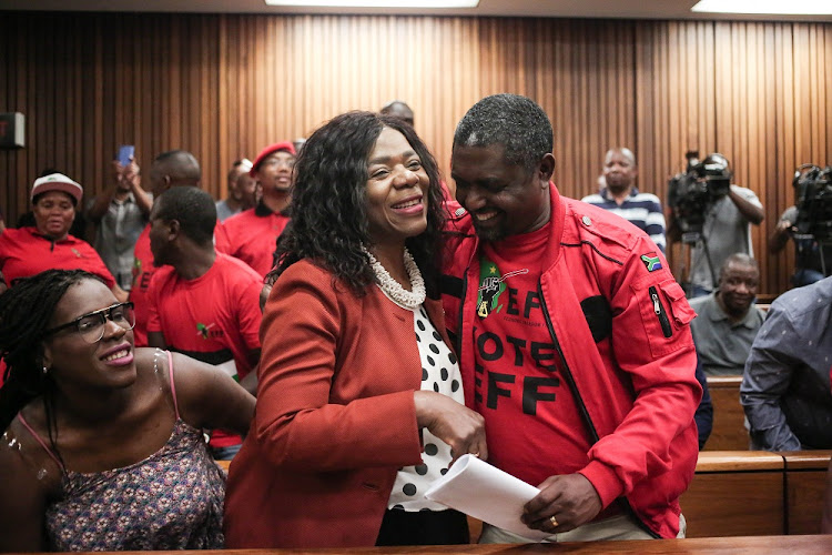 Former public protector Thuli Madonsela and the EFF's Godrich Gardee celebrate the outcome of the review of State of Capture report in the North Gauteng High Court yesterday. Image: ALAISTER RUSSELL