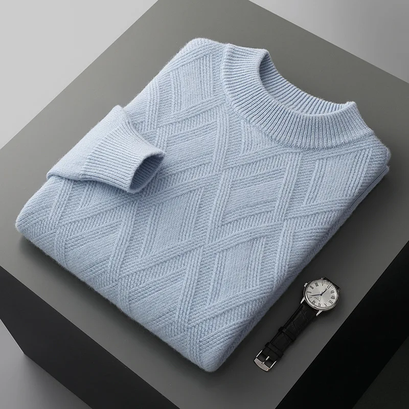 Suéter de lã masculino gola alta grossa, suéter casual espesso, perfeito para conforto e aquecimento no inverno.