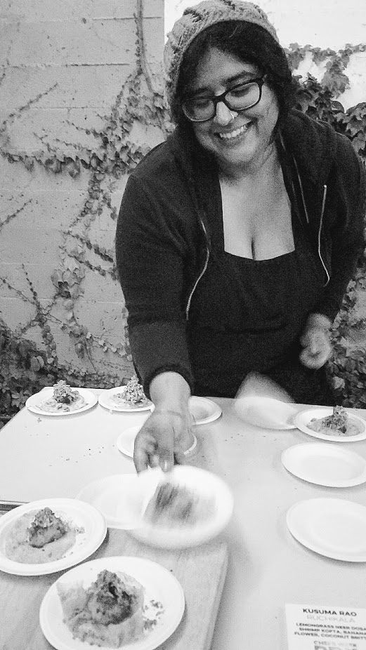 Chefs Week PDX Hearth Dinner After Party: Kusuma Rao of Ruchikala created Lemongrass Neer Dosa, Shrimp Kofta, Banana Flower, Coconut Brittle