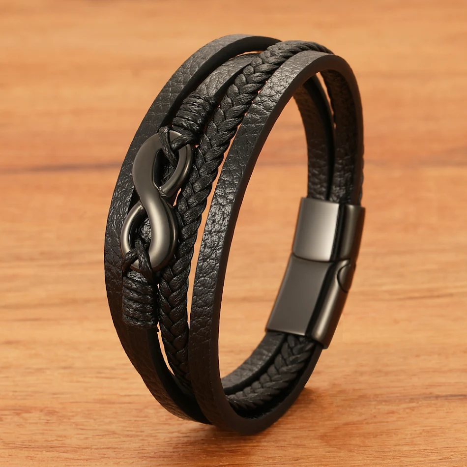Pulsera de cuero multicapa Digital 8 para hombre, pulsera de cuerda de cuero, un accesorio elegante y moderno.
