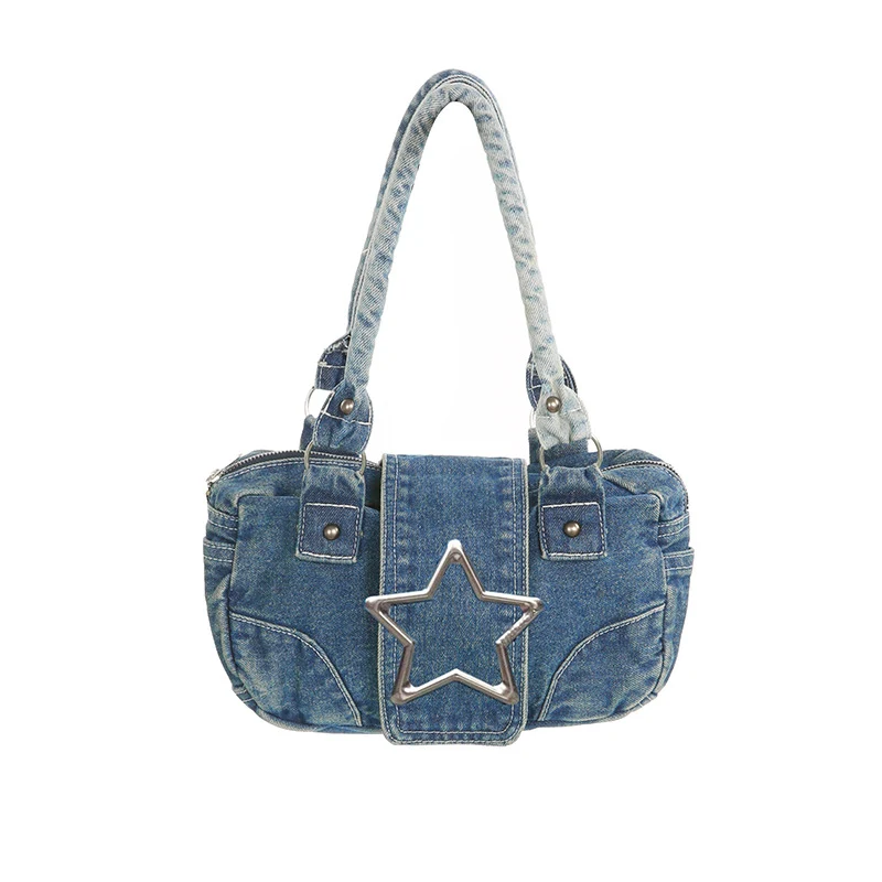 Title 5, Dames denim handtas met retro metalen vijfpunts...