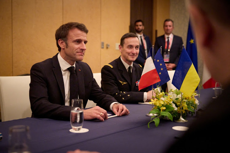 French President Emmanuel Macron attends a meeting with Ukraine's President Volodymyr Zelensky during the G7 leaders' summit in Hiroshima, Japan, on May 20 2023.