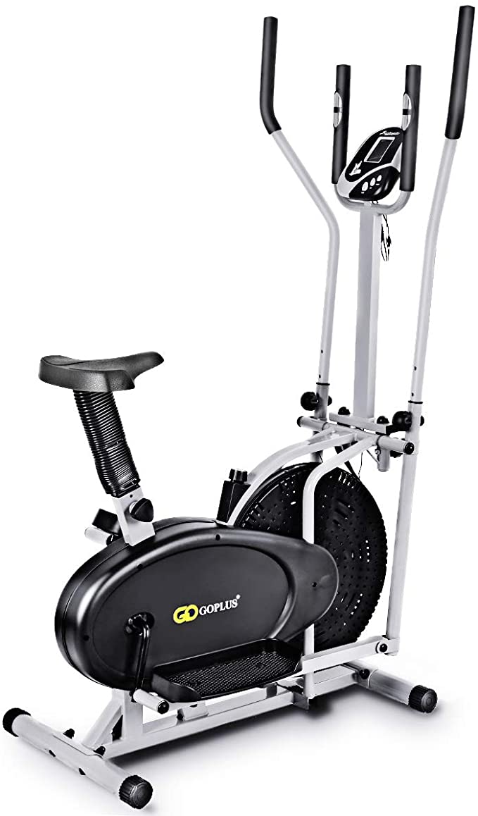 Nightcore 2 in 1 Elliptical Fan Bike Dual Cross Trainer Machine, Workout Exercise Bike with Electronic Display Screen Adjustable Seat & Two Pairs of Armrests for Indoor Home Office Gym Use, Black