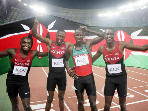 Boniface Mweresa, Alex Sampao, Kiprono Koskei and Ronald Kibet, of the Kenya men’s 4x400m relay team, during a 2015 competition in Brazzaville, Congo. /MOHAMMED AMIN/TEAM KENYA(CONGO)