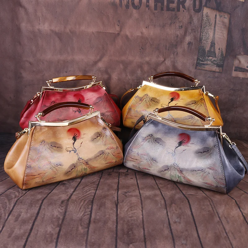 Female bag cheongsam cowhide embossed red sun crane hand rub color clip bag