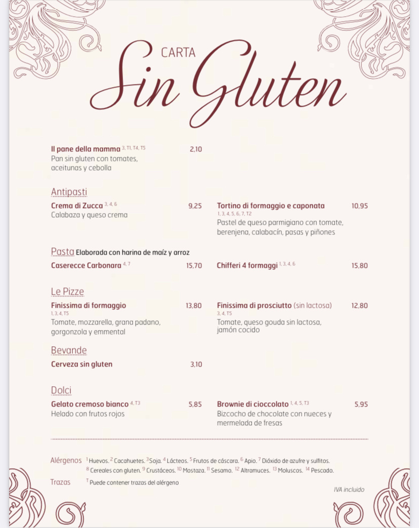 La Tagliatella gluten-free menu