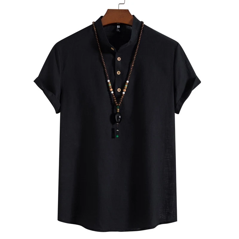 Camisa china para hombre de lino y algodón con cuello alto delgado, ligera y transpirable, estilo tradicional y moderno, perfecta para verano.