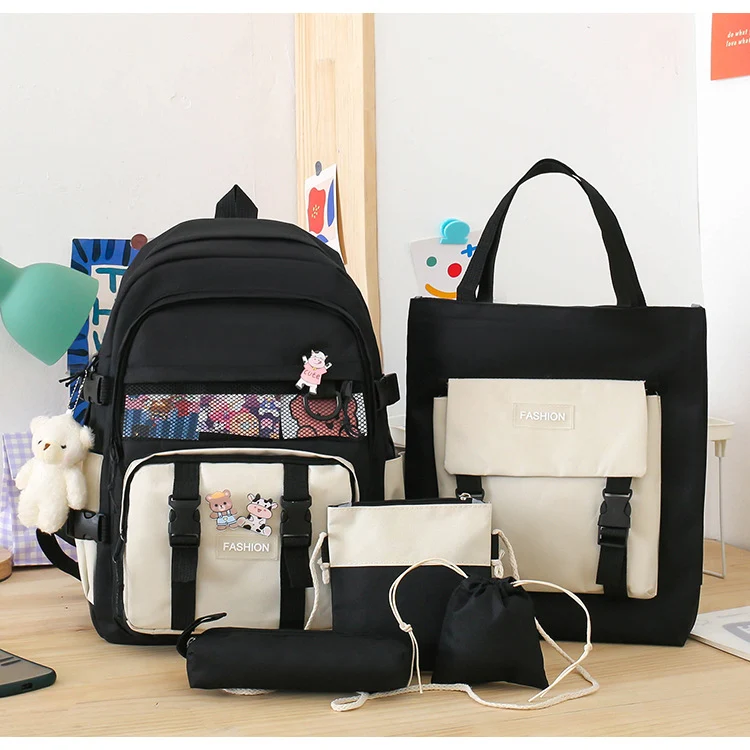 Vijfdelige Schooltas voor Dames Complete Set met Stijlvol Design en Voldoende Ruimte Ideaal voor Boeken en Schoolaccessoires Comfort en Organisatie