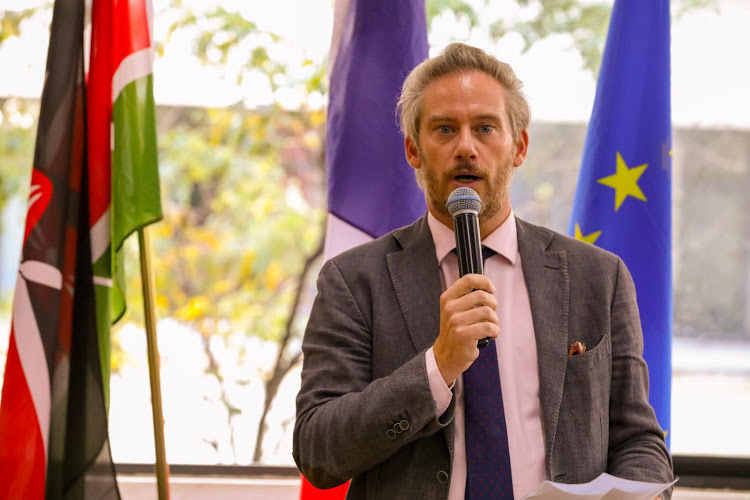 France ambassador in Kenya and Somalia Arnaud Suquet speaking during the International Women's Day celebrations held by the French Embassy at Alliance Francaise.