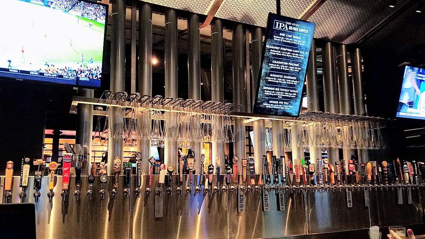 Some of the taps (but not all of them!) at Yard House. This is likely the most taps you will ever see in one place - an average of 130 at each location. Yard House Portland offers 130 taps with a keg room holding over 5000 gallons of beer