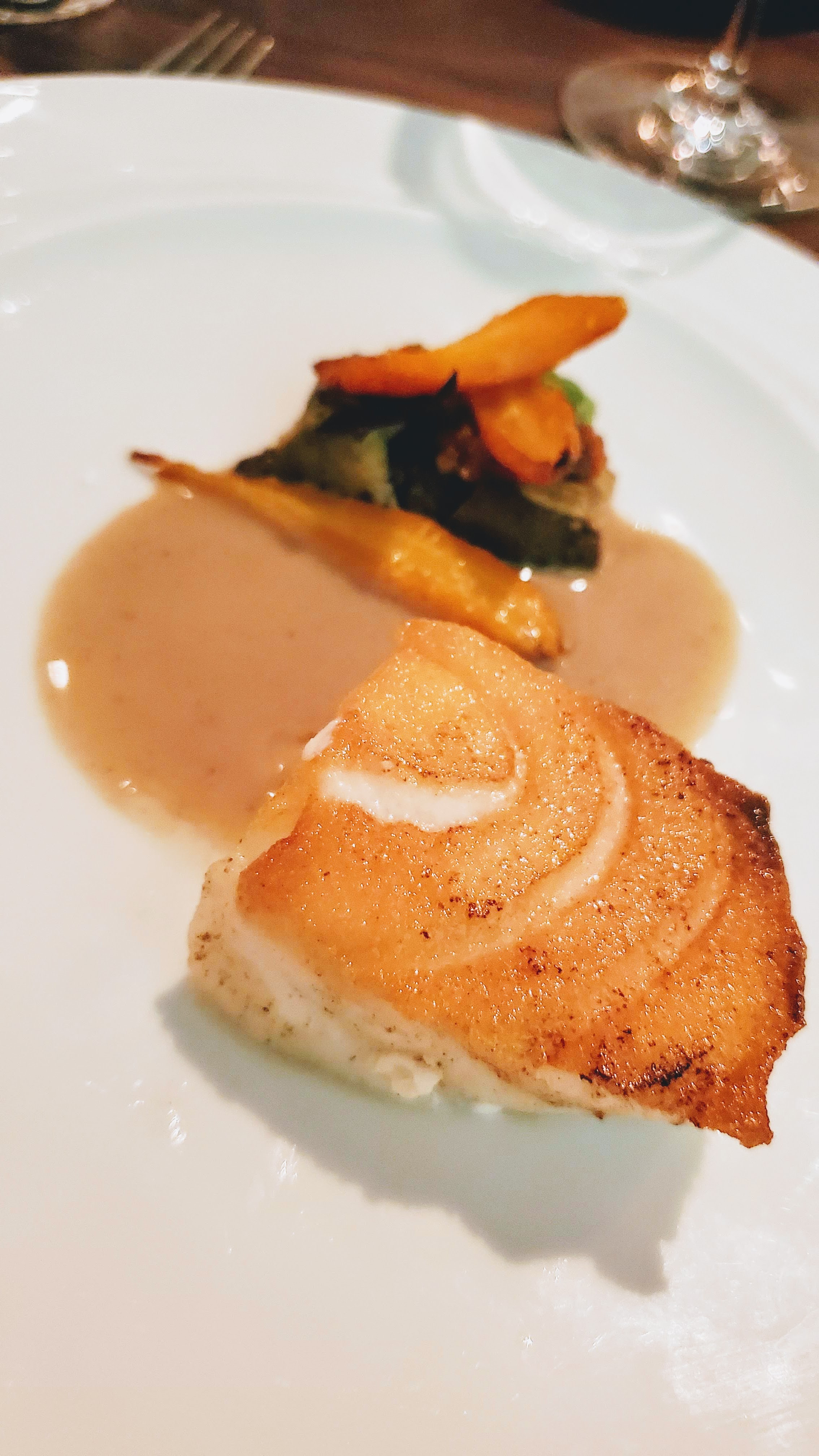 Chef's Menu at Roe PDX, Skilfish  with eggplant, carrot, basque chili confit, brown butter veloute