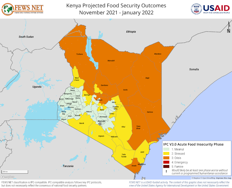 Map on food security projection between November 2021, to January 2022.