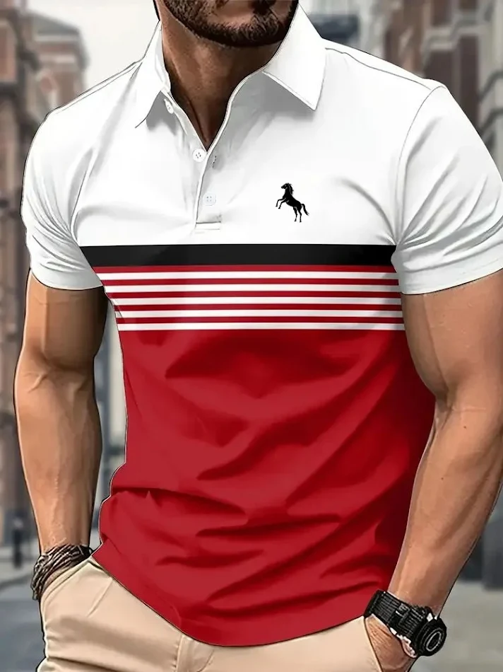 Men's Casual Striped Color Block Design Sports Style Collar Golf Shirt. Comfortable and stylish for your golf game. Perf