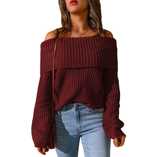 Title 5, Womens One-shoulder Solid Color Loose Sweater
