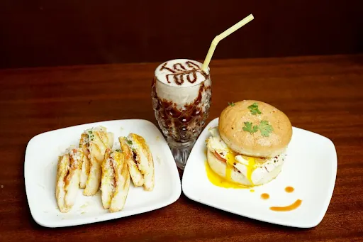 Egg Burger With Egg Sandwich And Cold Coffee