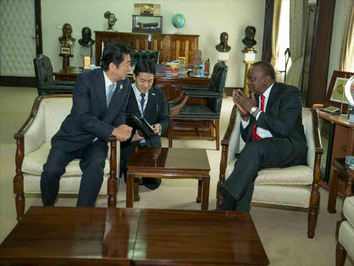 Japanese Prime Minister Shinzo Abe and President Uhuru Kenyatta at State House, Nairobi, yesterday /PSCU