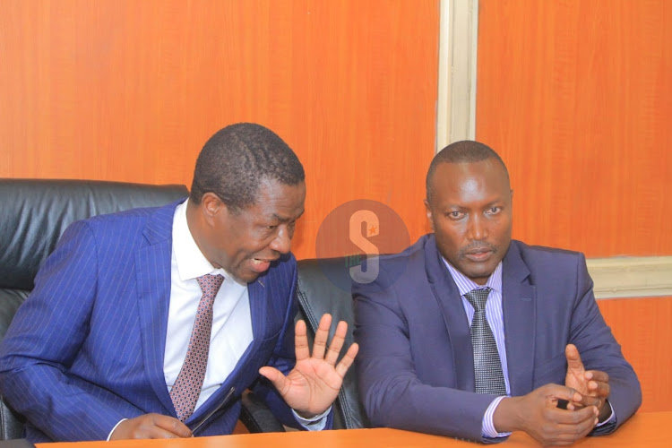 Minority leader Opiyo Wandayi with Minority Whip Robert Mbui during a press conference in Parliament over the replacement of Sabina Chege as deputy Minority Whip on October 19, 2023.