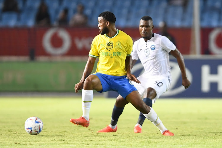 Sipho Mbule (left) in action for Mamelodi Sundowns against Richards Bay FC in the Nedbank Cup last 32 match at Loftus Stadium in Pretoria on February 7 2023.
