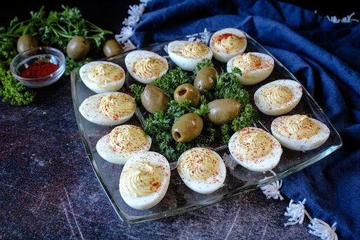 A platter of Smoking Deviled Eggs.