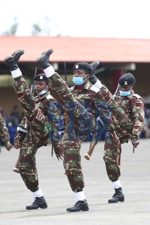 Administration Police recruits perform a silent drill during the pass out parade at APTC Embakasi Training School on November 29, 2021. Photo/Fredrick Omondi