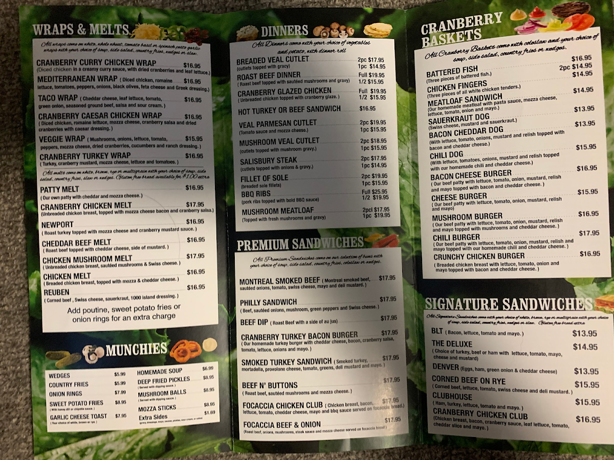 Cranberry's Family Restaurant gluten-free menu