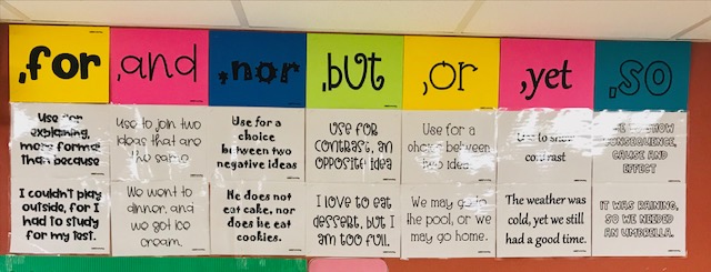 FANBOYS posters in a fourth grade classroom