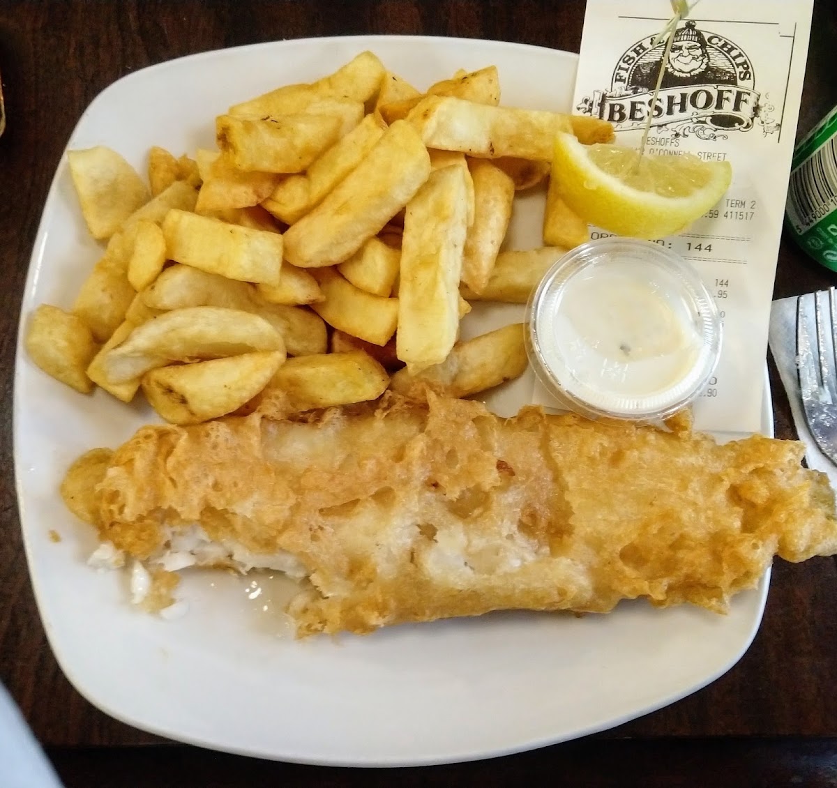 Gluten free fish and chips was excellent! Fresh caught fish and the chips were nice and crunchy.