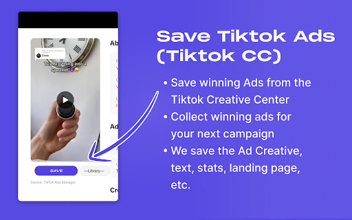 Save Tiktok Ads CTiktok CC) Save winning from Tiktok Creative Center Collect winning your next campaign Creative, text, stats, landing page, 