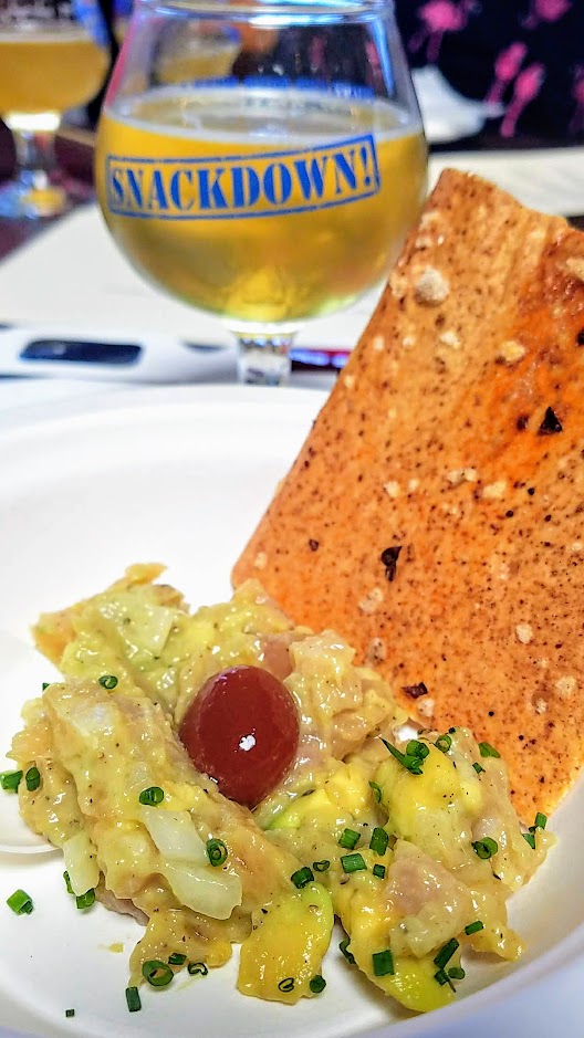 Snackdown 2018 pairing of Toro Bravo/Culmination brought together Albacore Tartare, Avocado, Ginger, Chile, w/Onion Chile Cracker with the Sun Rey Radler w/Ginger, Lime, and Black Tea