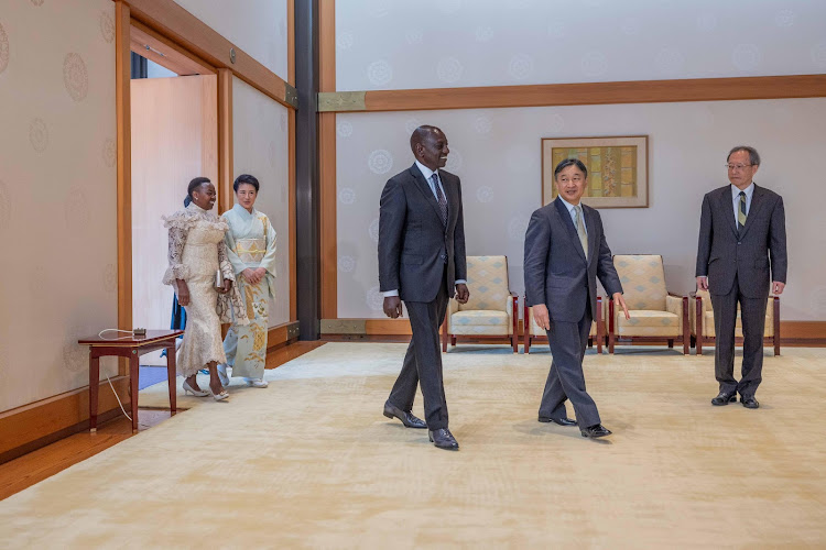 Japan Emperor Naruhito and Empress Masako host President William Ruto and First lady Mama Rachel at the Imperial Palace in Tokyo, Japan on February 9, 2024.