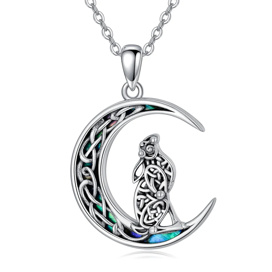 Keltische Knoop Konijn Maan Ketting Sterling Zilver Abalone Schelp Hanger Sieraden Cadeaus representeert liefde, geluk en spirituele bescherming.