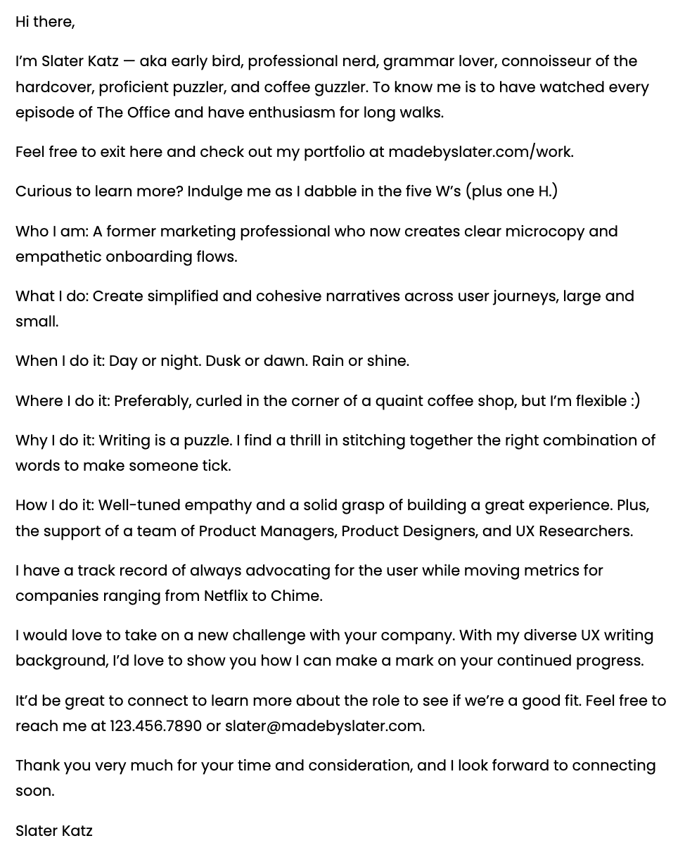 UX writer cover letter