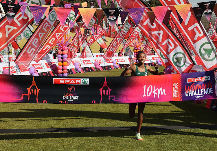 Tadu Nare crosses the finish line in first place during the 2023 SPAR Women's Challenge at SuperSport Park on August 05, 2023 in Centurion, South Africa.