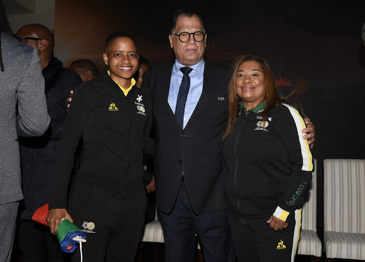 Refiloe Jane,Danny Jordaan and Desiree Ellis during the South Africa women's national soccer team squad announcement and send-off gala dinner at Sefako Makgatho Presidential Guest House on June 23, 2023 in Pretoria, South Africa.